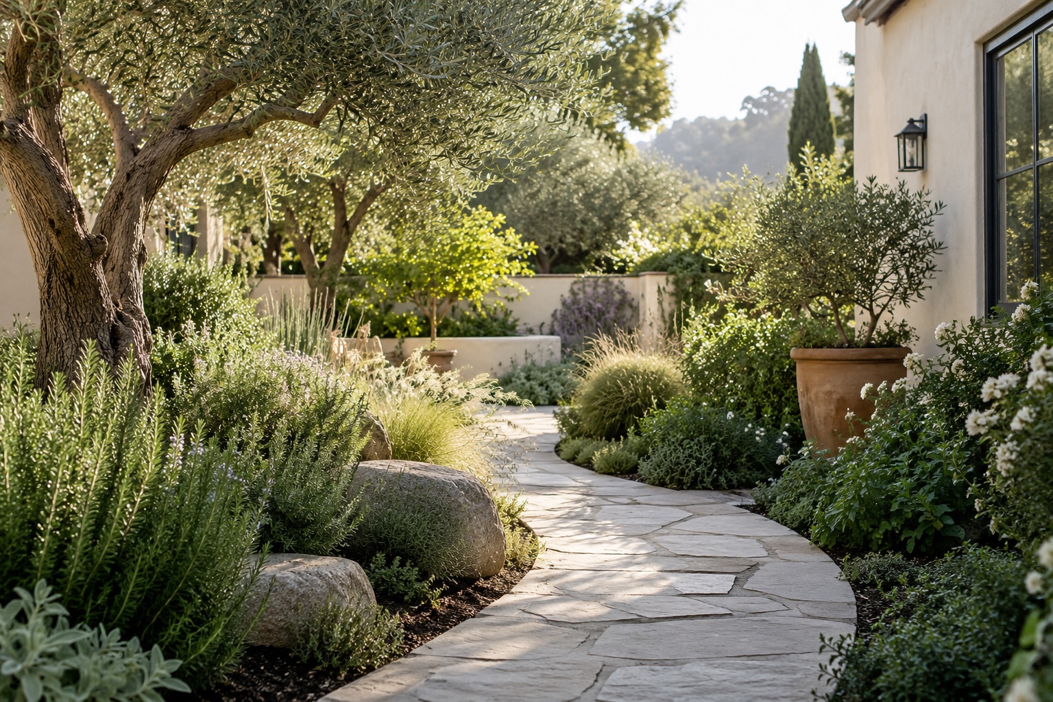 Sunlight falling across an olive tree and a stone garden path