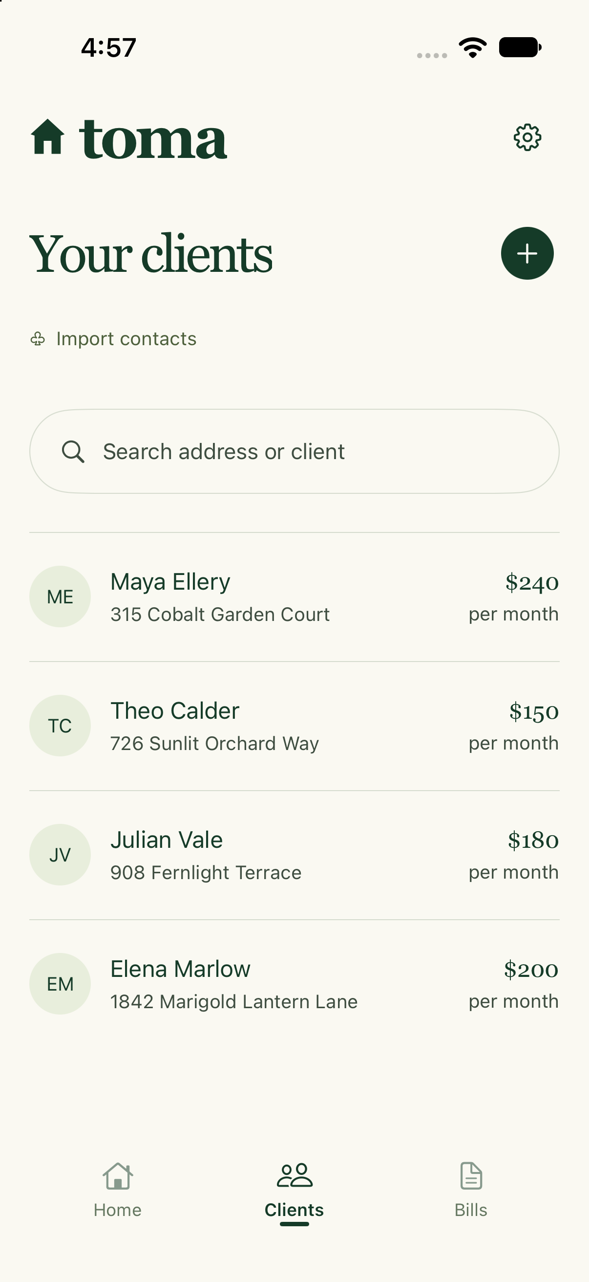Actual Toma Clients screen with demo data
