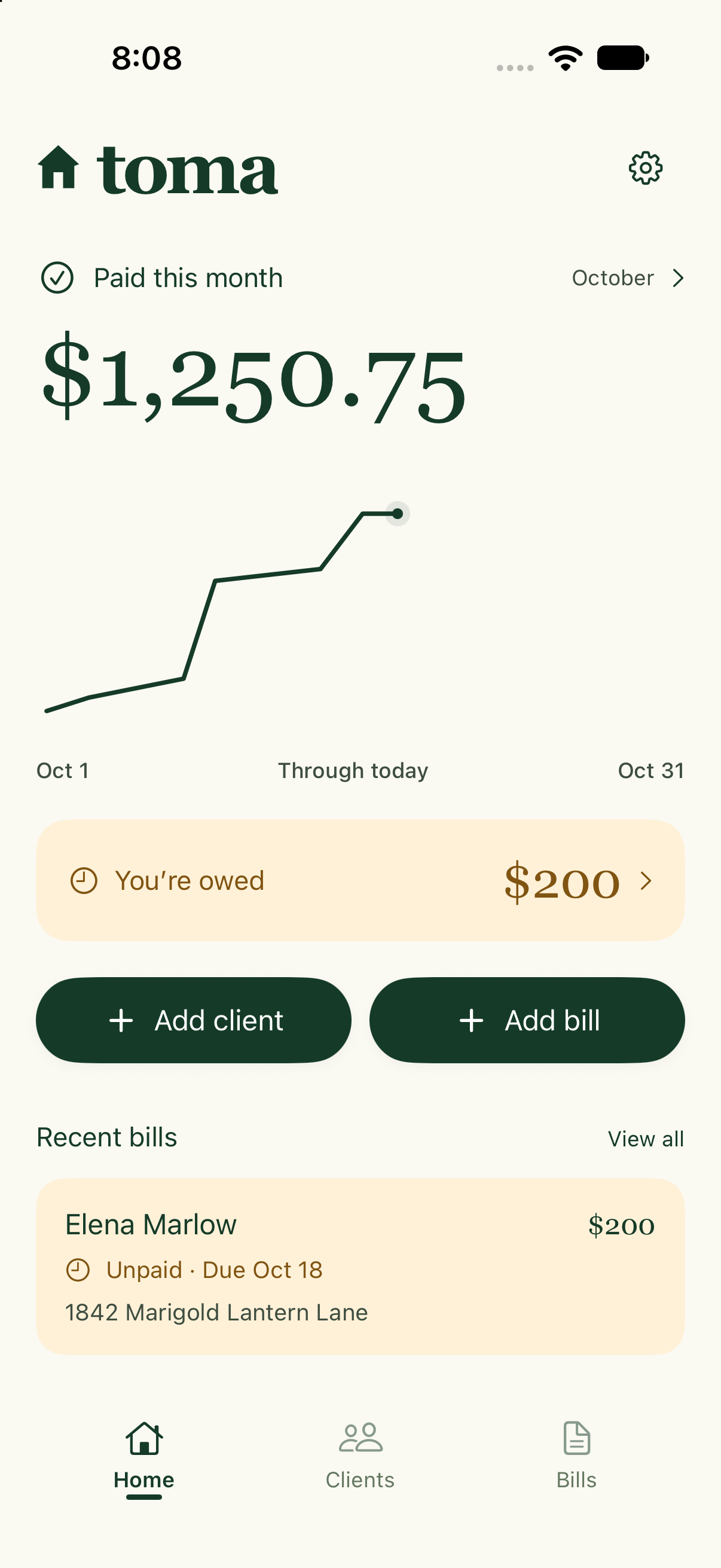 Toma Home preview with demo data